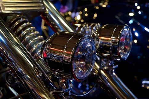 Close-up of shiny chrome headlights of a motorbike in detail, dortmund, germany