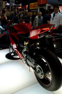 Red sports machine at a trade fair, rear view shows details of the design, dortmund, germany