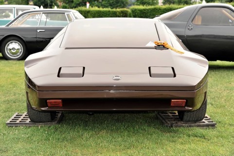 A brown classic sports car displayed from behind in a meadow, Retro Classics meets Baroque,