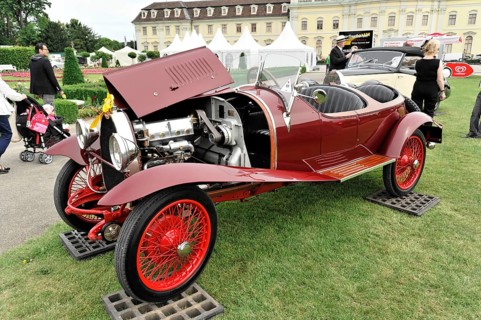 Bugatti Type 23, built in 1925, classic car, open bonnet of a red classic car in an exhibition,