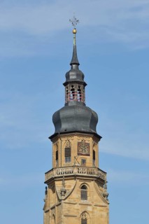 Late Gothic church tower of the Church of the Assumption of the Virgin Mary, Bad Königshofen, Rhön,