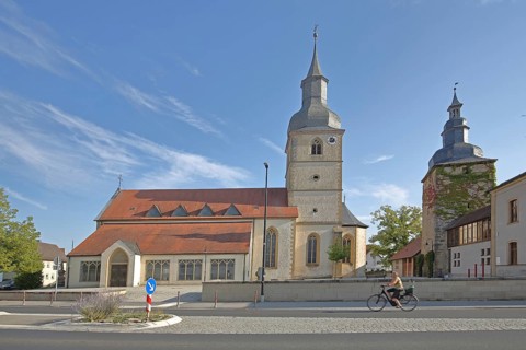 Late Gothic Holy Trinity Church and late Gothic gate tower, Saal an der Saale, Lower Franconia,
