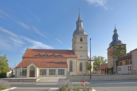 Late Gothic Holy Trinity Church and late Gothic gate tower, Saal an der Saale, Lower Franconia,