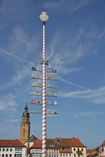 Guild pole with symbols for historical professions, pole with guild sign, craftsmen, maypole,
