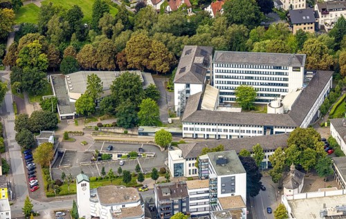 Aerial view, Westnetz GmbH Regional Centre Electricity Supply Company, left the Sauerland Theatre,