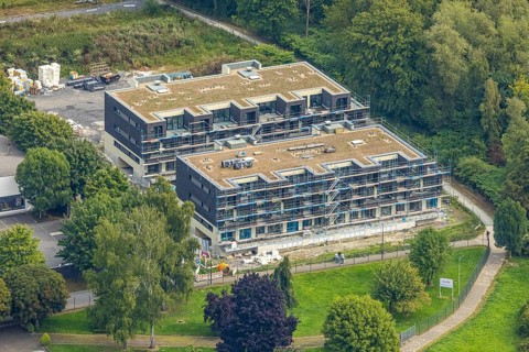 Aerial view, construction site with new residential quarter An der Schlacht am Fluss Ruhr,