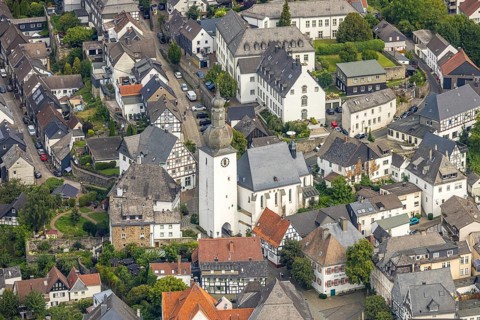Aerial view, Alter Markt street with bell tower, historical sight, St. George's Chapel, Arnsberg,