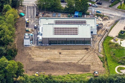 Aerial view, construction site with new swimming pool, school and club pool, Auf der Alm, Lasmecke,