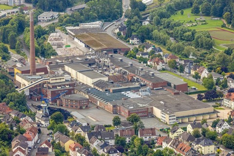 Aerial view, R.D.M. Arnsberg GmbH paper mill, Reno de Medici, recycled cardboard location,