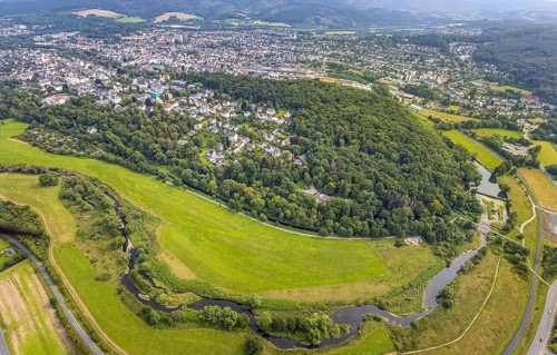 Aerial view, old town with river Ruhr Ruhrbogen at the forest area Eichholz, weir and camel bridge