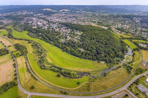 Aerial view, old town with river Ruhr Ruhrbogen at the forest area Eichholz, weir and camel bridge