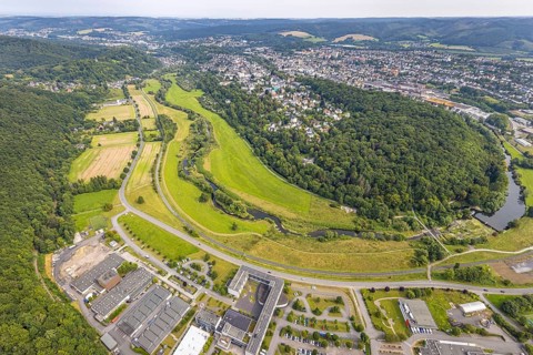 Aerial view, old town with river Ruhr Ruhrbogen at the forest area Eichholz, weir and camel bridge