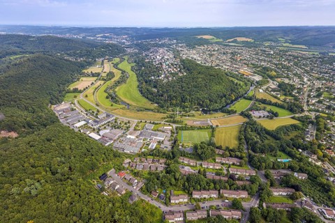 Aerial view, old town with river Ruhr Ruhrbogen at the forest area Eichholz, weir and camel bridge