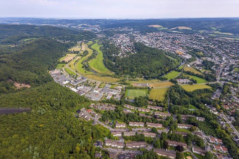 Aerial view, old town with river Ruhr Ruhrbogen at the forest area Eichholz, weir and camel bridge