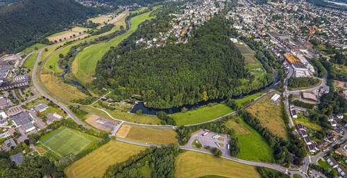 Aerial view, old town with river Ruhr Ruhrbogen at forest area Eichholz, weir and camel bridge at