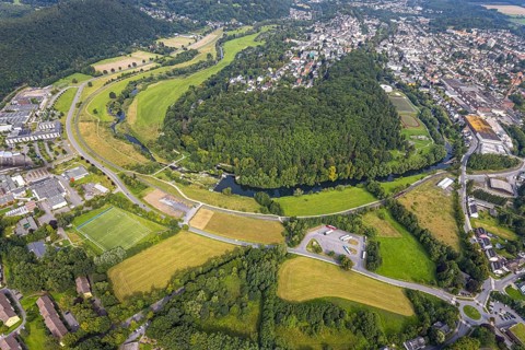 Aerial view, old town with river Ruhr Ruhrbogen at forest area Eichholz, weir and camel bridge at