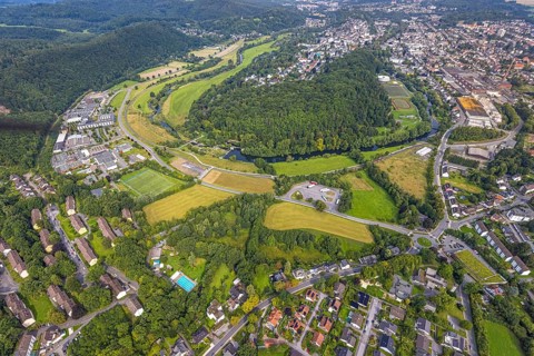 Aerial view, old town with river Ruhr Ruhrbogen at forest area Eichholz, weir and camel bridge at
