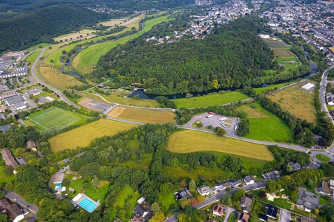 Aerial view, old town with river Ruhr Ruhrbogen at forest area Eichholz, weir and camel bridge at