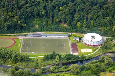 Aerial view, football stadium sports centre Eichholz with round sports hall, Arnsberg, Ruhr area,