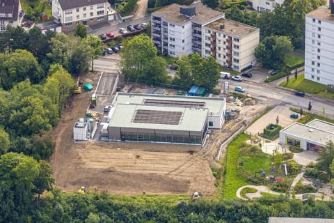 Aerial view, construction site with new swimming pool, school and club pool, Auf der Alm, Lasmecke,