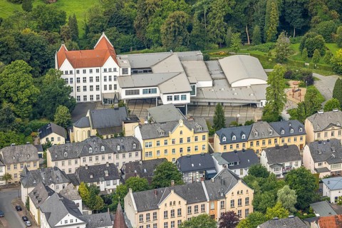 Aerial view, Mariengymnasium Arnsberg, Marienkapelle and apartment blocks, below the