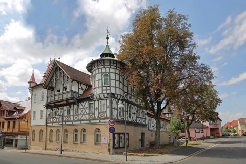 Fridolinhaus half-timbered house built in 1386, corner turret, Bad Rodach, Upper Franconia,
