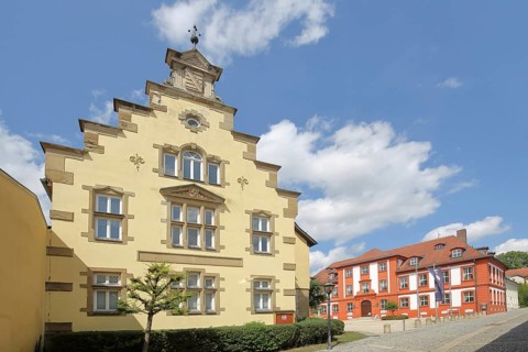 Old courthouse, today's police building, and baroque hunting lodge, stepped gable, Bad Rodach,