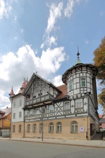 Fridolinhaus half-timbered house built in 1386, corner turret, Bad Rodach, Upper Franconia,