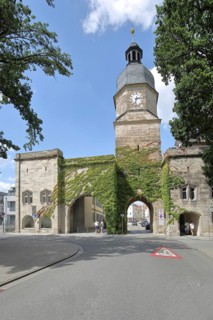 Historic Spitaltor built ca. 14th century, city gate, city tower, Coburg, Upper Franconia,