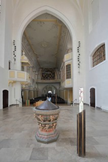 Historic baptismal font from 1539 decorations and chancel, interior view, arts and crafts, art,