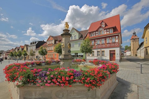 Market square with market fountain, half-timbered houses and copper tower, town tower, columns with