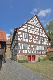 Historic old school built in 1672, half-timbered house, Bad Rodach, Upper Franconia, Franconia,