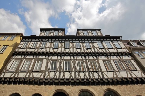 Gothic half-timbered mint master's house built in 1444, view upwards, Coburg, Upper Franconia,