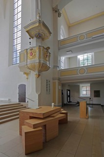 Altar and pulpit with pulpit bonnet, pulpit cover, sounding board, pulpit canopy, interior view,