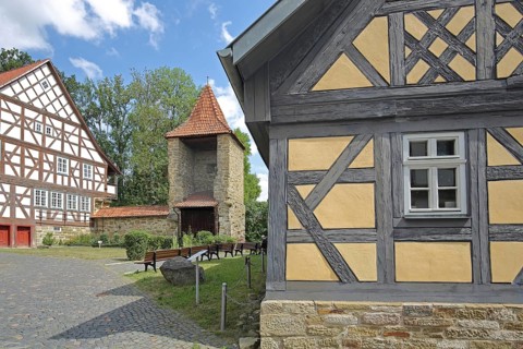 Half-timbered house, old school built 1672, powder tower built 16th century, shell tower, historic