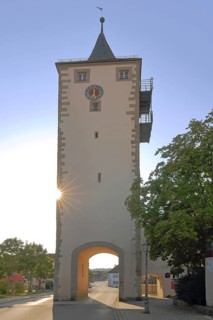 Lower tower built in 1234 in backlight, historical town tower, town gate, light mood, Haßfurt,