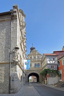 Renaissance town hall built in 1581 with statue of St George and Main Gate, town gate, town tower,