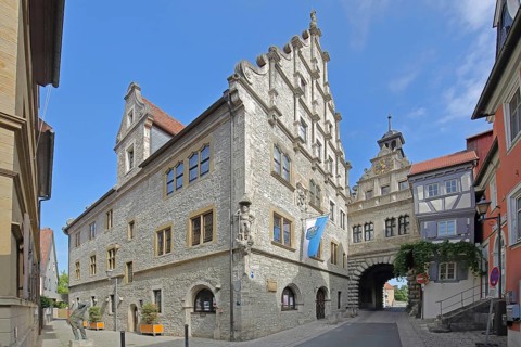 Renaissance town hall built in 1581 and Main Gate town gate, town tower, Marktbreit, Lower