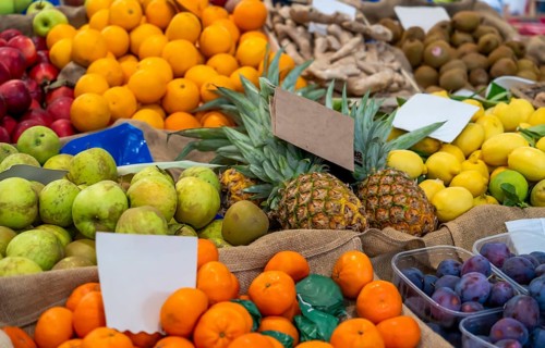 Various fruits seen at a market in Liguria, a region of north-western Italy