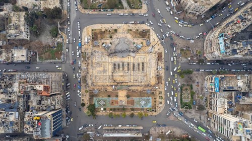 Aerial view shows Syrian public security forces staging a public parade in central Aleppo following