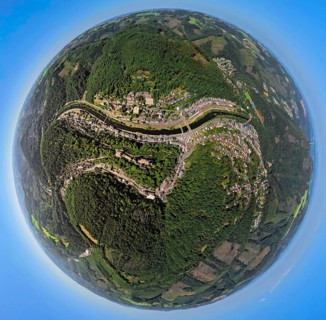 Aerial view, river Lenne and youth hostel Burg Altena on the Klusenberg, earth globe, fisheye