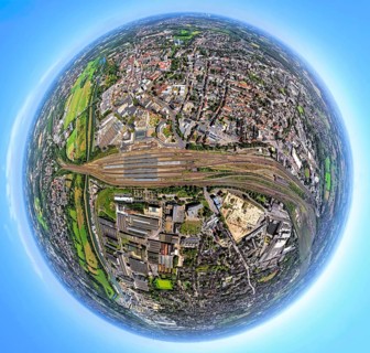 Aerial view, Hamm-West, harbour and city in between main station, globe, fisheye image, 360 degree