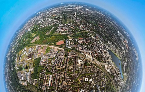 Aerial view, residential area, view of the district of Hörde with Phoenix Lake, commercial area