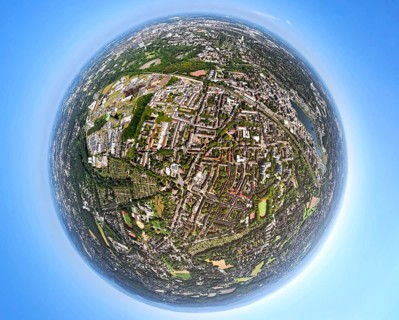 Aerial view, residential area, view of the district of Hörde with Phoenix Lake, commercial area