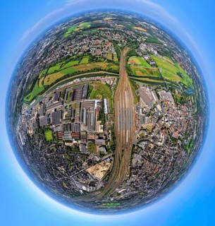 Aerial view, Hamm-West, harbour and city in between main station, globe, fisheye image, 360 degree