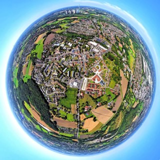 Aerial view, residential area, view of Herringen district with Herringer Markt, globe, fisheye