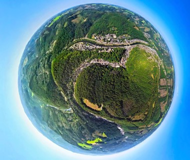 Aerial view, river Lenne and youth hostel Burg Altena on the Klusenberg, earth globe, fisheye