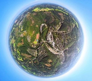 Aerial view, river Lenne and Lenneschleife with old town, globe, fisheye image, fisheye image, 360
