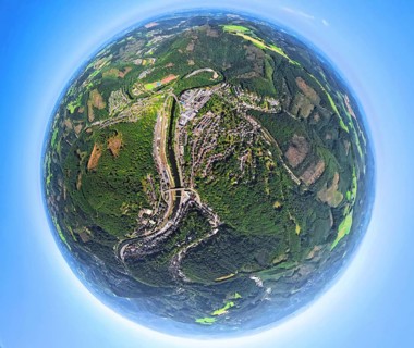 Aerial view, river Lenne and Lenneschleife, old town, globe, fisheye image, 360 degree image, tiny