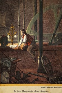 The young engine stoker George Stephenson (1781, 1848) looks at parts of the steam engine, English